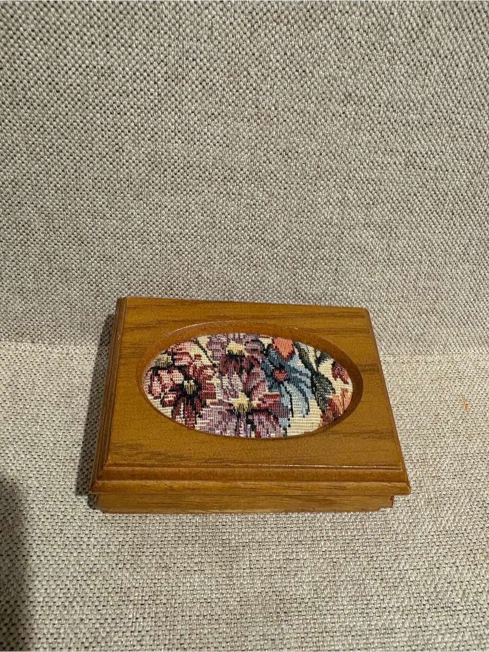 Wooden Trinket Box with Floral Needlepoint Inlay - Brown
